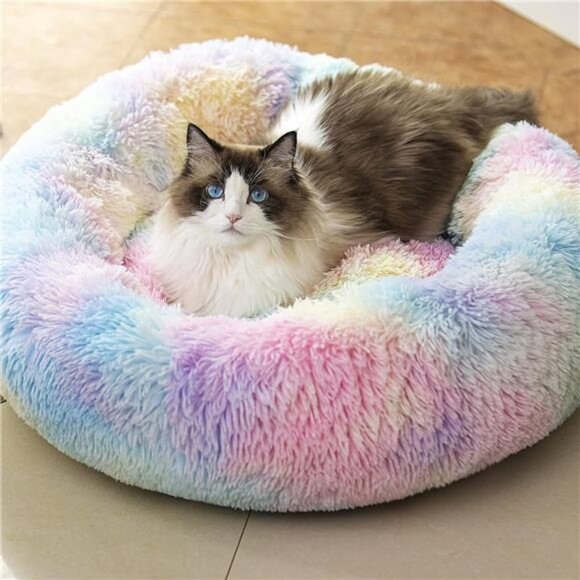 Anti Anxiety Round Fluffy Plush Faux Fur Warm Washable Dog Bed & Cat Bed, - Picture 1 of 6